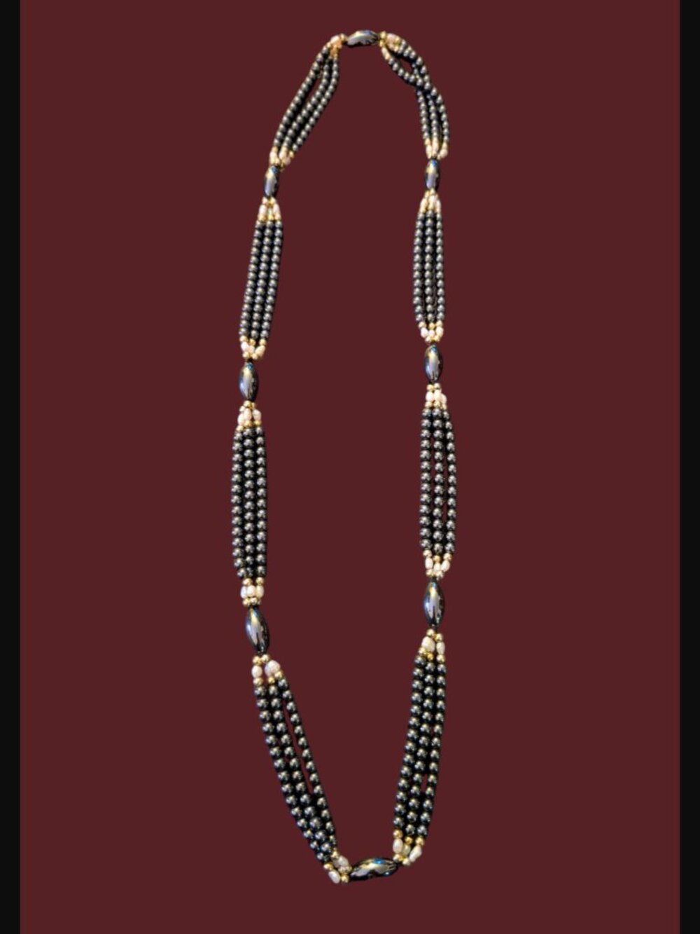 Vintage 1970s Hematite Freshwater Pearl Gold Tone Bead Infinity Necklace 30"
